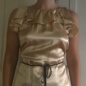 Moschino silk ruffle blouse with suede tie.